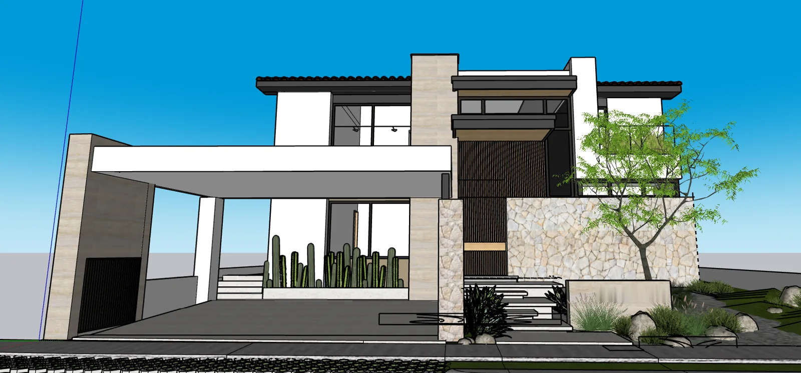 Render de la fachada principal de Casa Paraíso