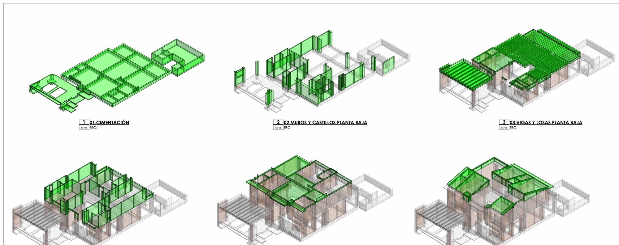 Secuencia constructiva del modelo estructural: cimentación, muros, vigas y losas